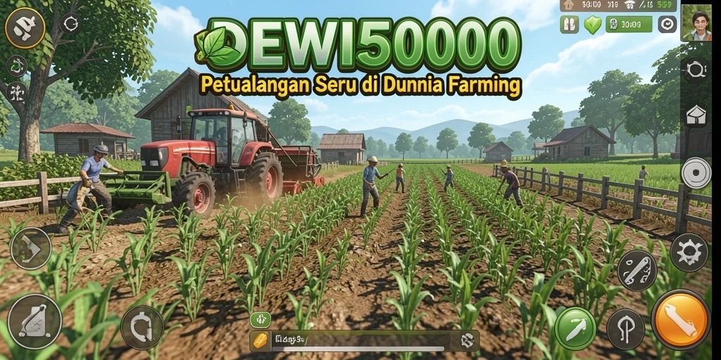 Screenshot gameplay DEWI5000 menunjukkan ladang hijau yang subur.
