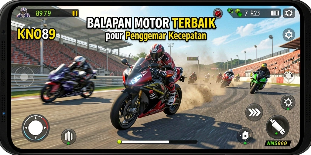 Tampilan utama gameplay KNO89 dengan aksi balap motor yang cepat.