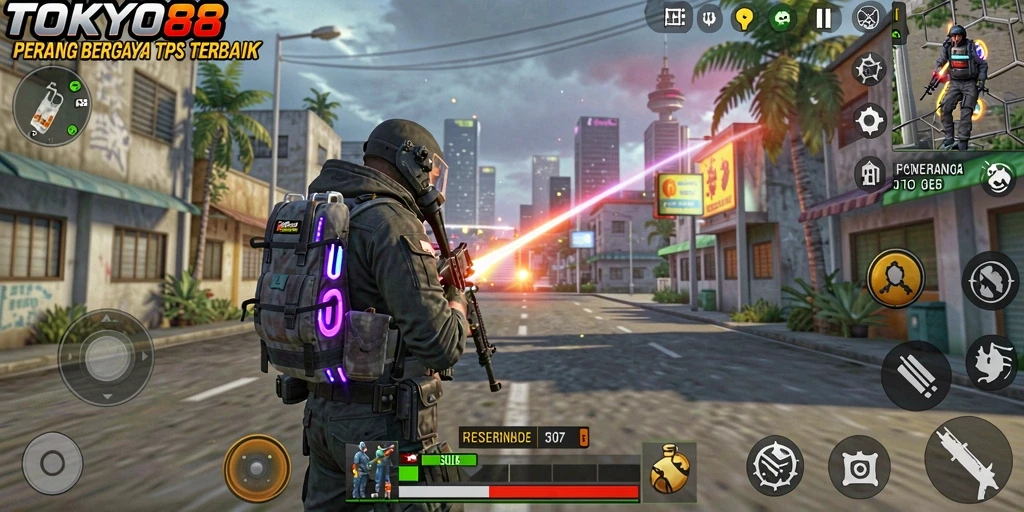 Screenshot gameplay <strong>TOKYO88</strong> menampilkan pertempuran seru di lingkungan urban.